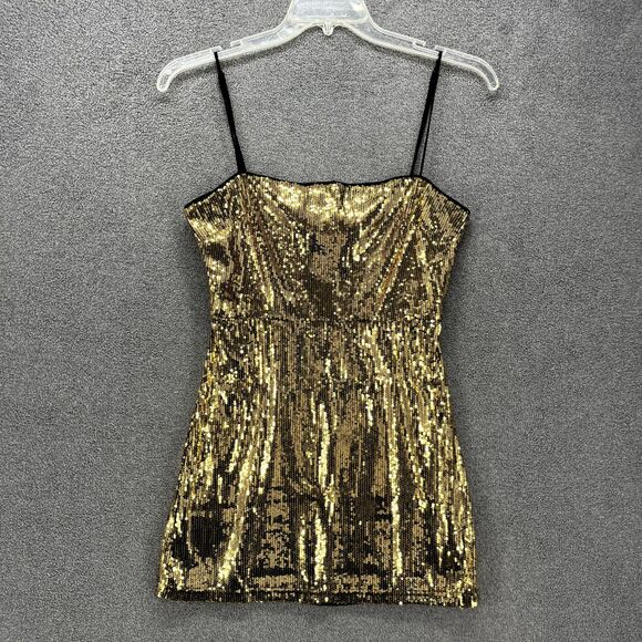 URBAN OUTFITTERS Dress womens Medium Gold Sequin Mini Spaghetti Straps Zipper - Picture 1 of 16